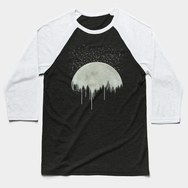 Full Moon Art, Forest Trees Silhouette, Dripping Paint, Gray, Gift Idea, For her, For Him, Moon Phases, Stary Night, Stars Baseball T-Shirt by joannejgg